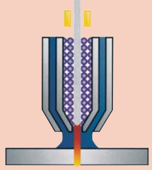 Darstellung des Plasma- oder Mikroplasmaschweißens. Ein konzentrierter Plasmalichtbogen tritt aus einer schmalen Düse aus und schmilzt den Werkstoff präzise auf.